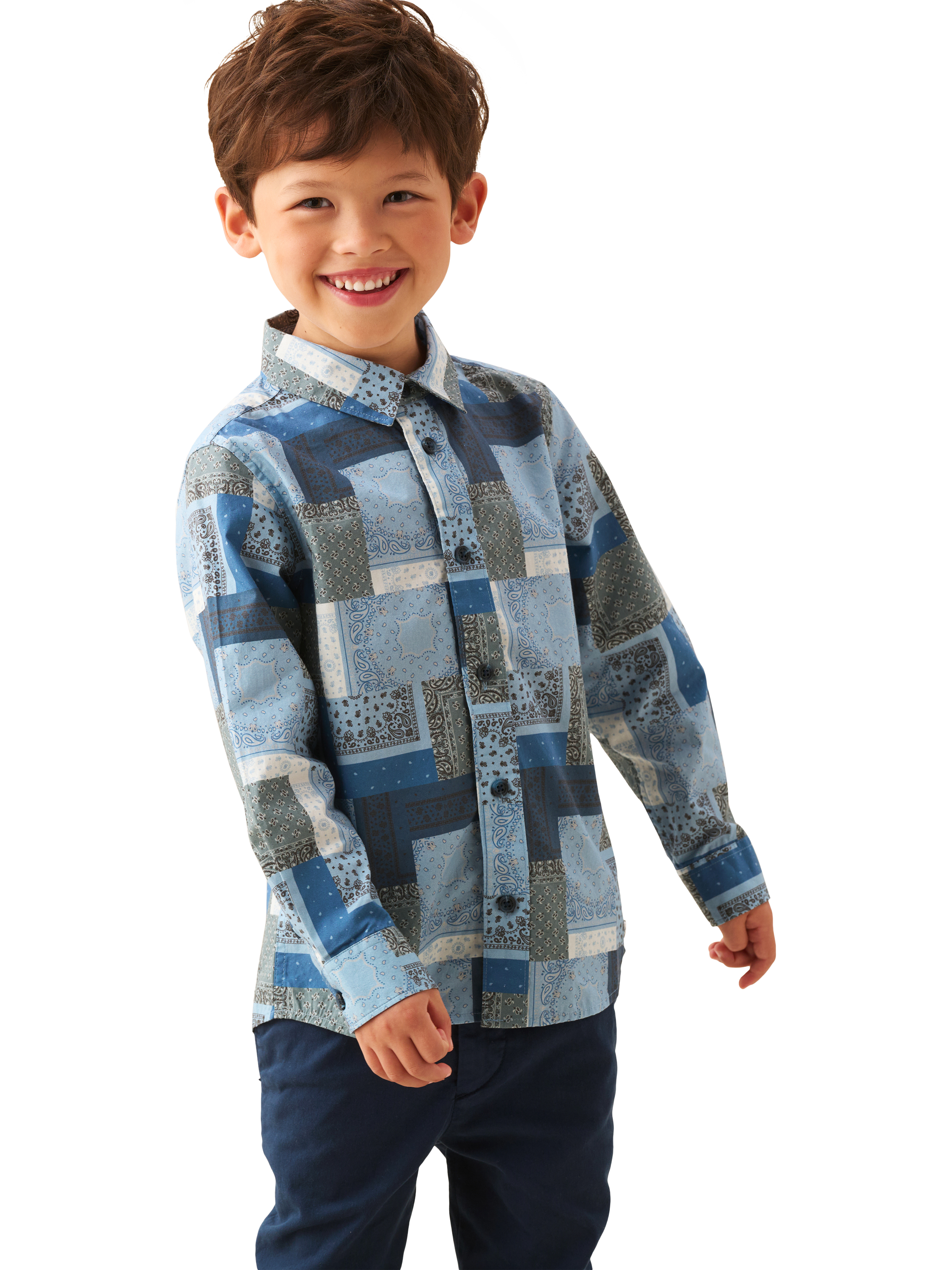 Product image 4 of 5, which shows Angel & Rocket Kids' Printed Chambray Shirt, Blue, 3 years