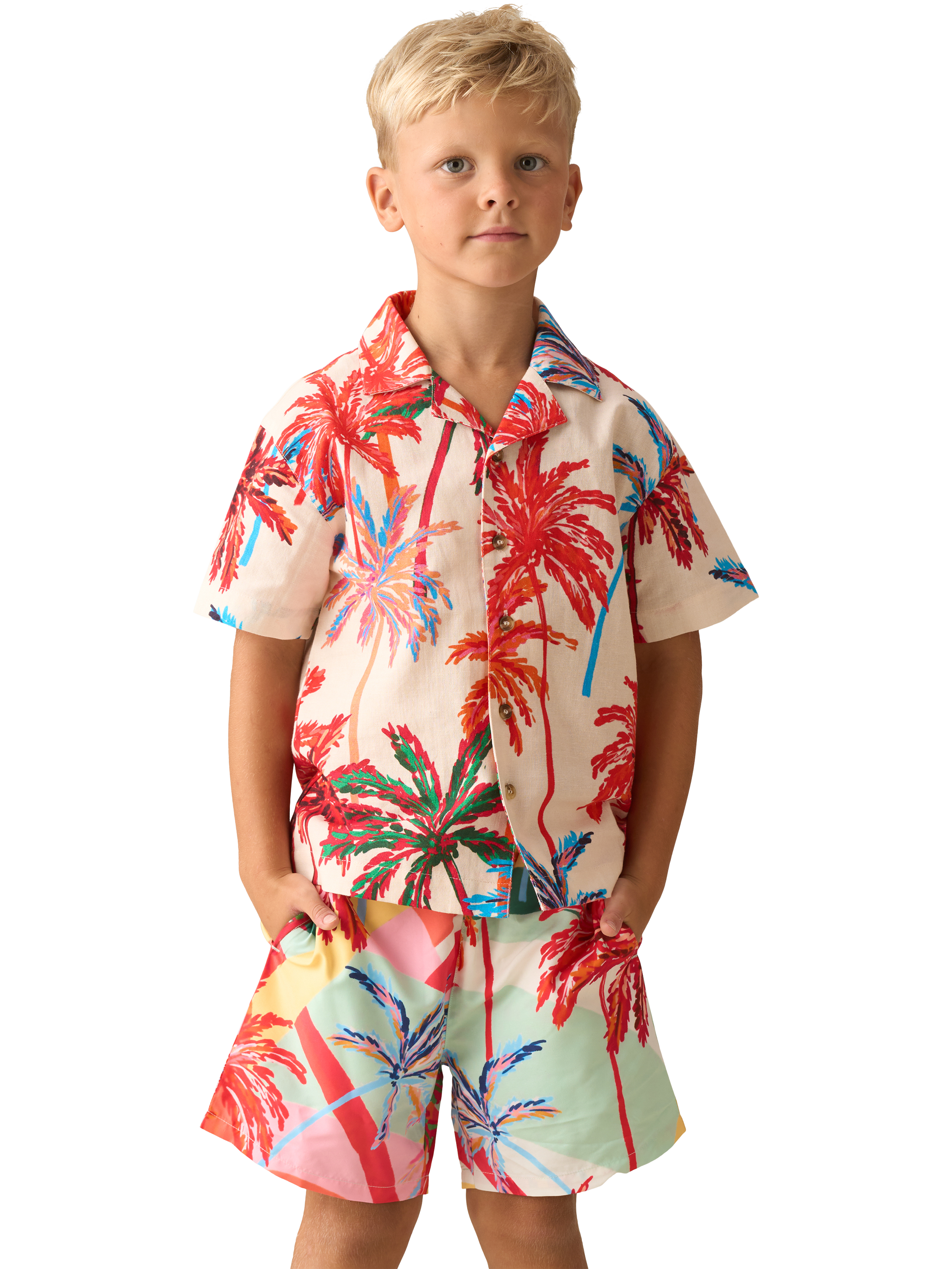 Product image 1 of 6, which shows Angel & Rocket Kids' Cotton Slub Palm Shirt, Multi, 3 years