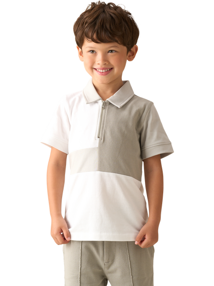 Angel & Rocket Kids' Colour Block Zip-Up Polo Shirt, Grey, Grey