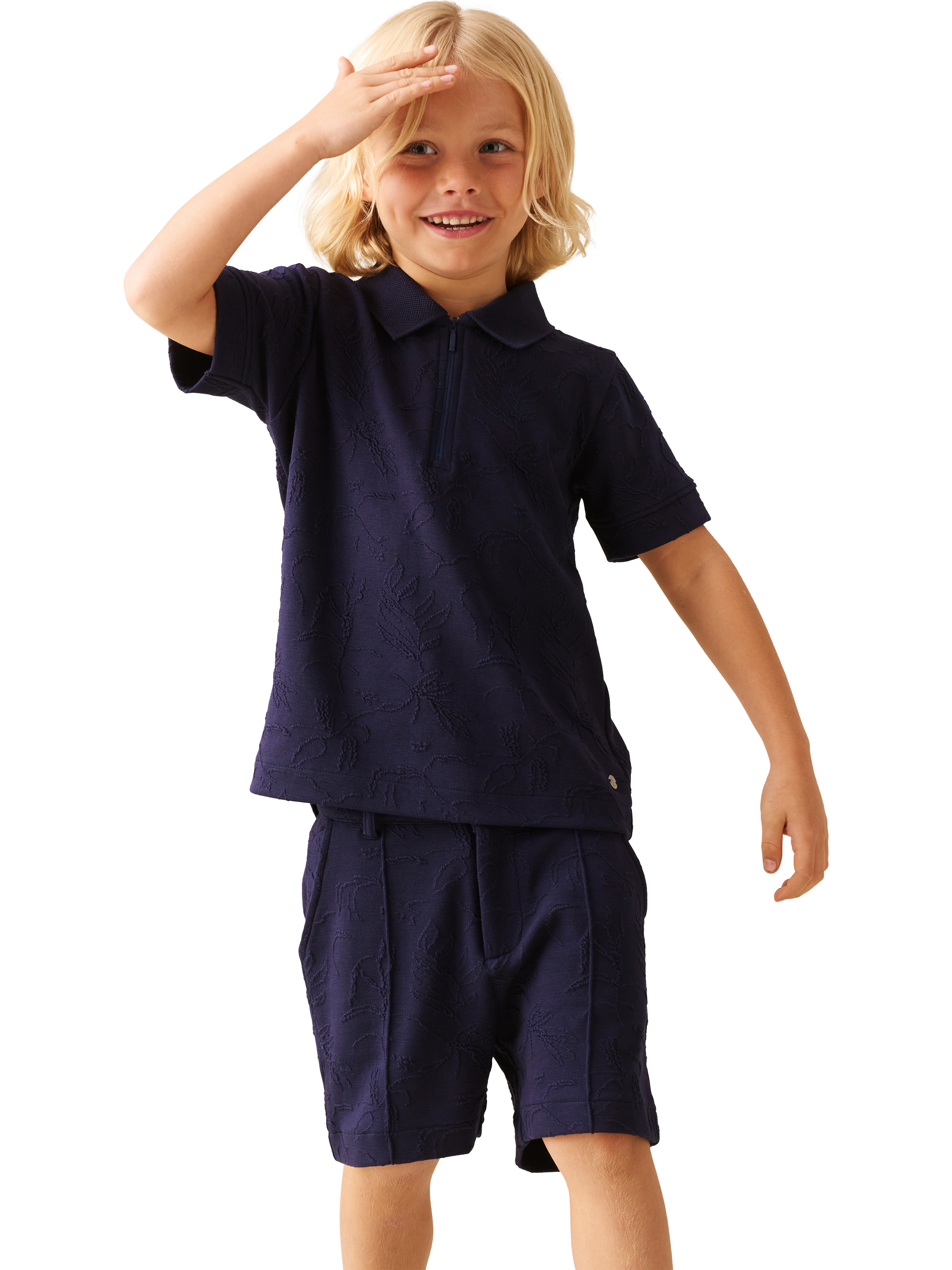 Product image 1 of 7, which shows Angel & Rocket Kids' Jacquard Zip Polo Top, Navy, 3-4 years