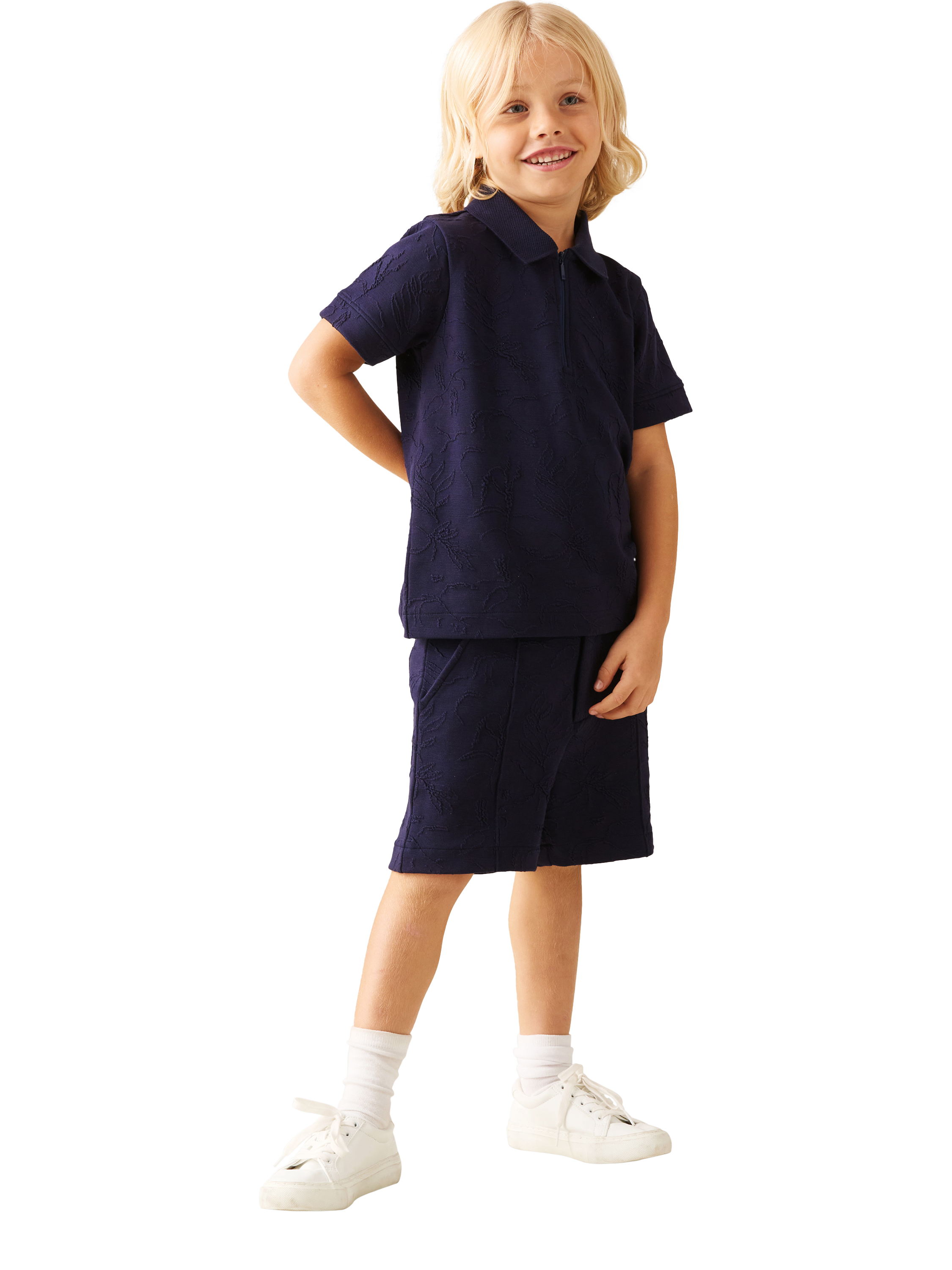 Product image 2 of 7, which shows Angel & Rocket Kids' Jacquard Zip Polo Top, Navy, 3-4 years