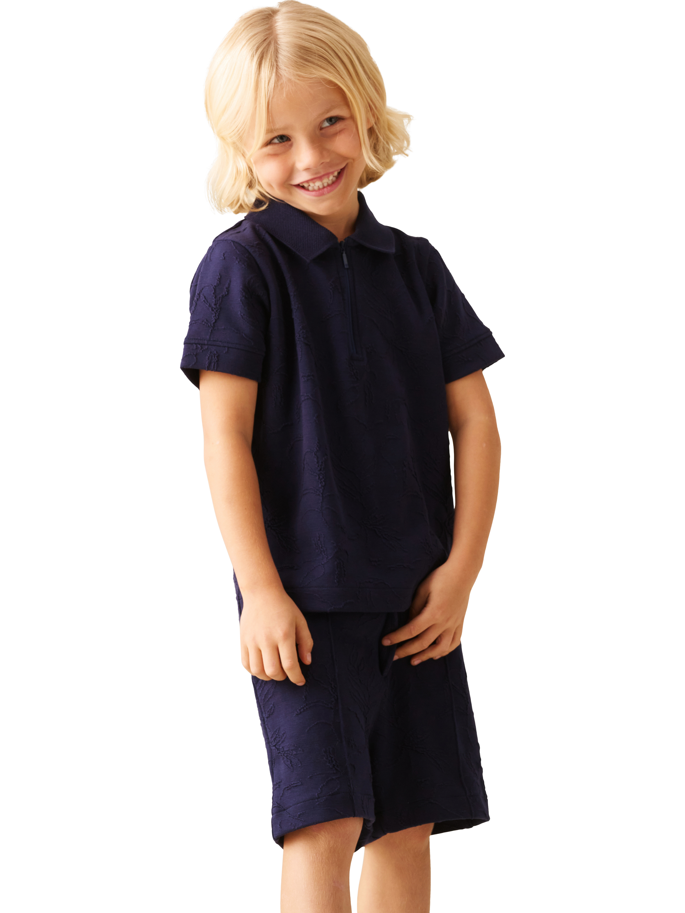 Product image 3 of 7, which shows Angel & Rocket Kids' Jacquard Zip Polo Top, Navy, 3-4 years
