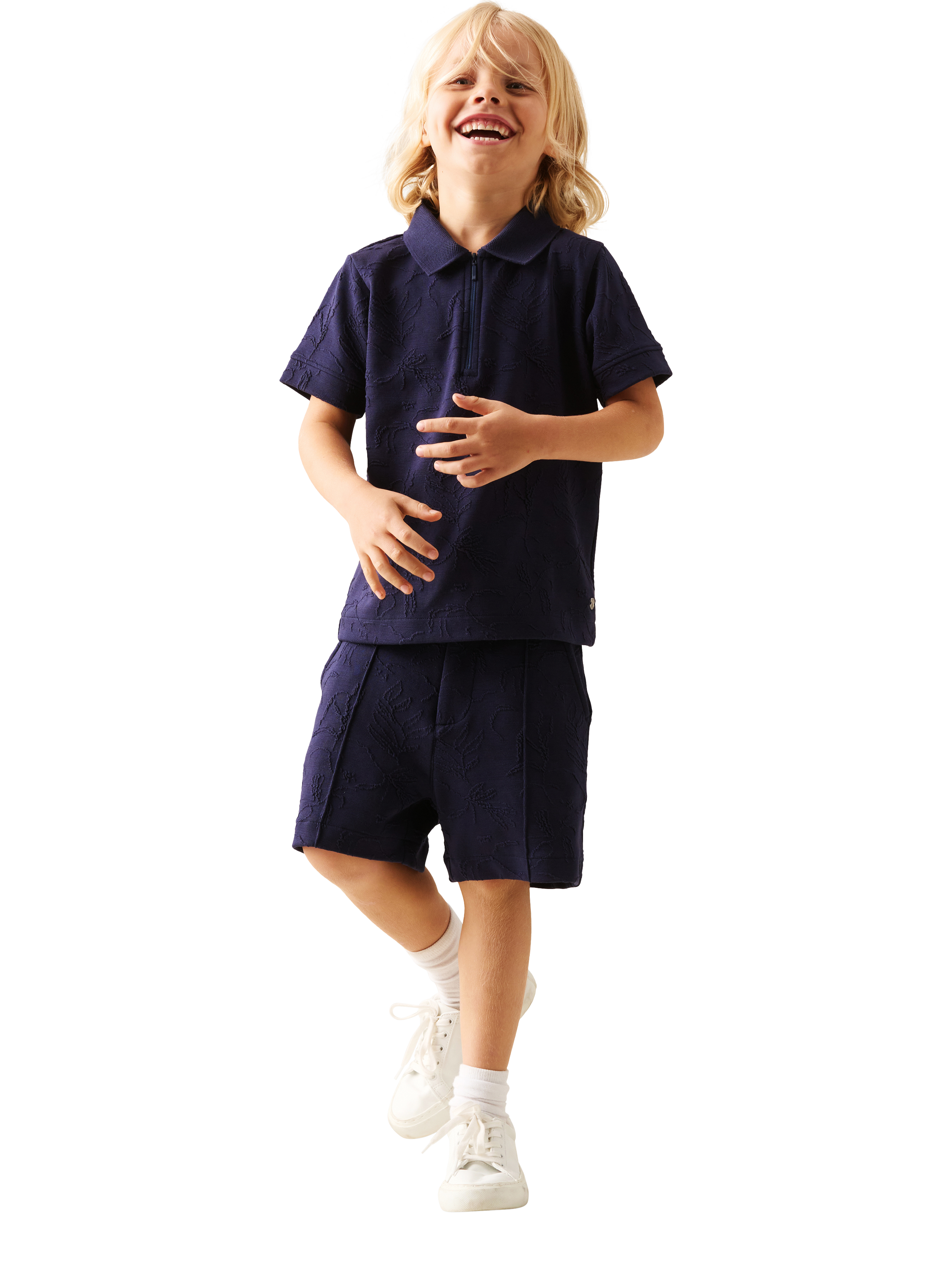 Product image 4 of 7, which shows Angel & Rocket Kids' Jacquard Zip Polo Top, Navy, 3-4 years