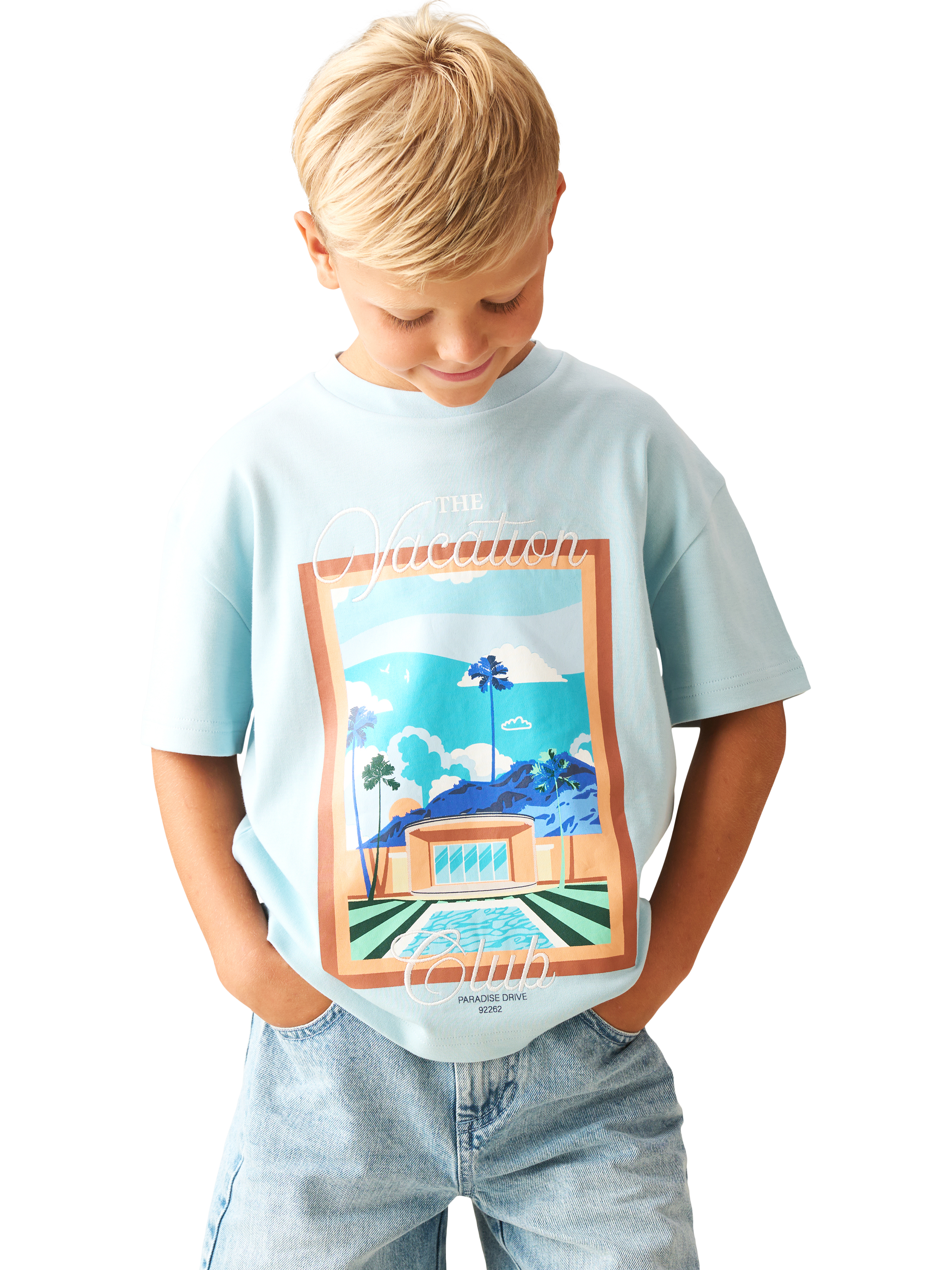Product image 1 of 8, which shows Angel & Rocket Kids' Postcard Scene T-Shirt, Blue, 3-4 years