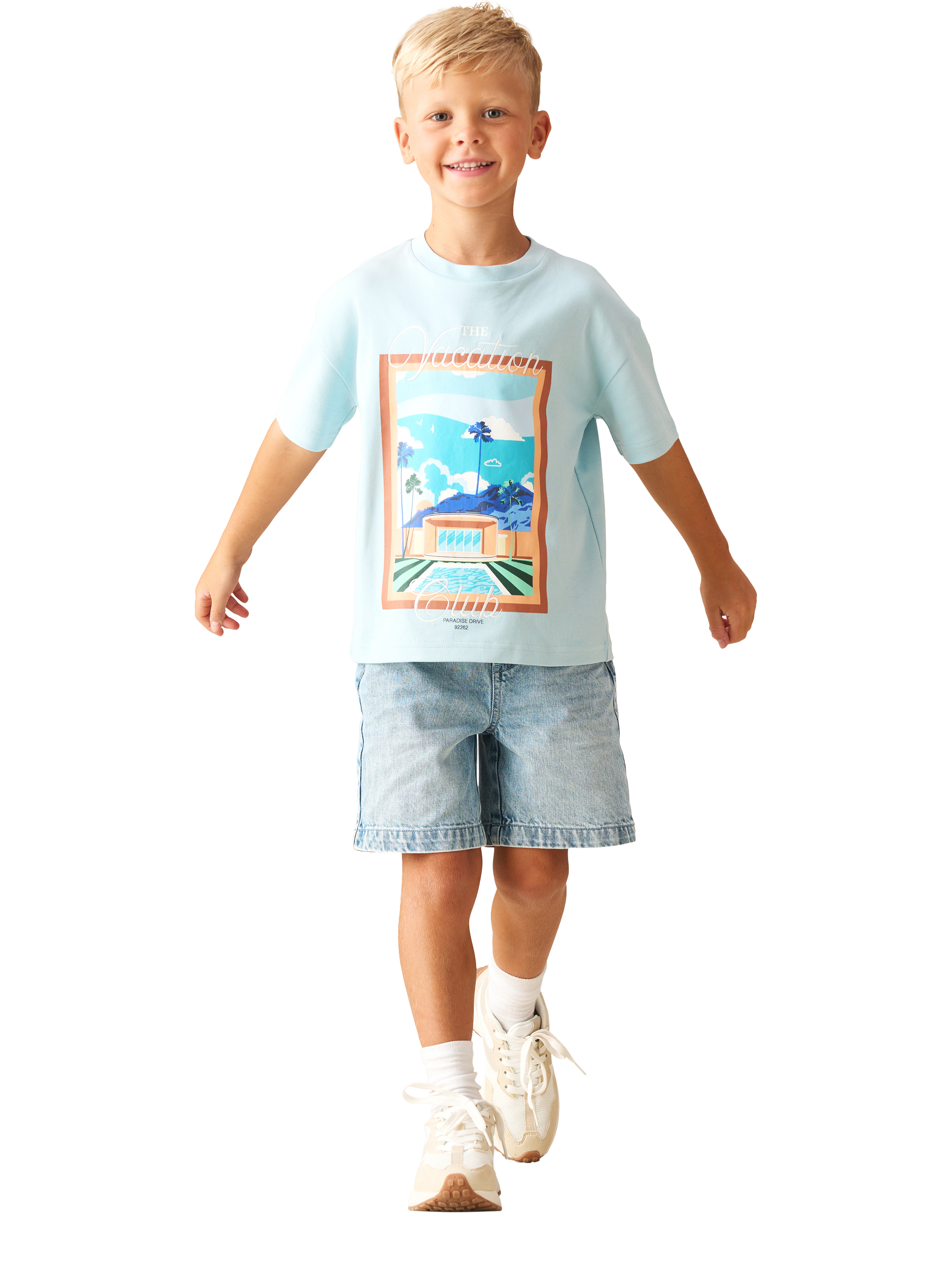 Product image 2 of 8, which shows Angel & Rocket Kids' Postcard Scene T-Shirt, Blue, 3-4 years