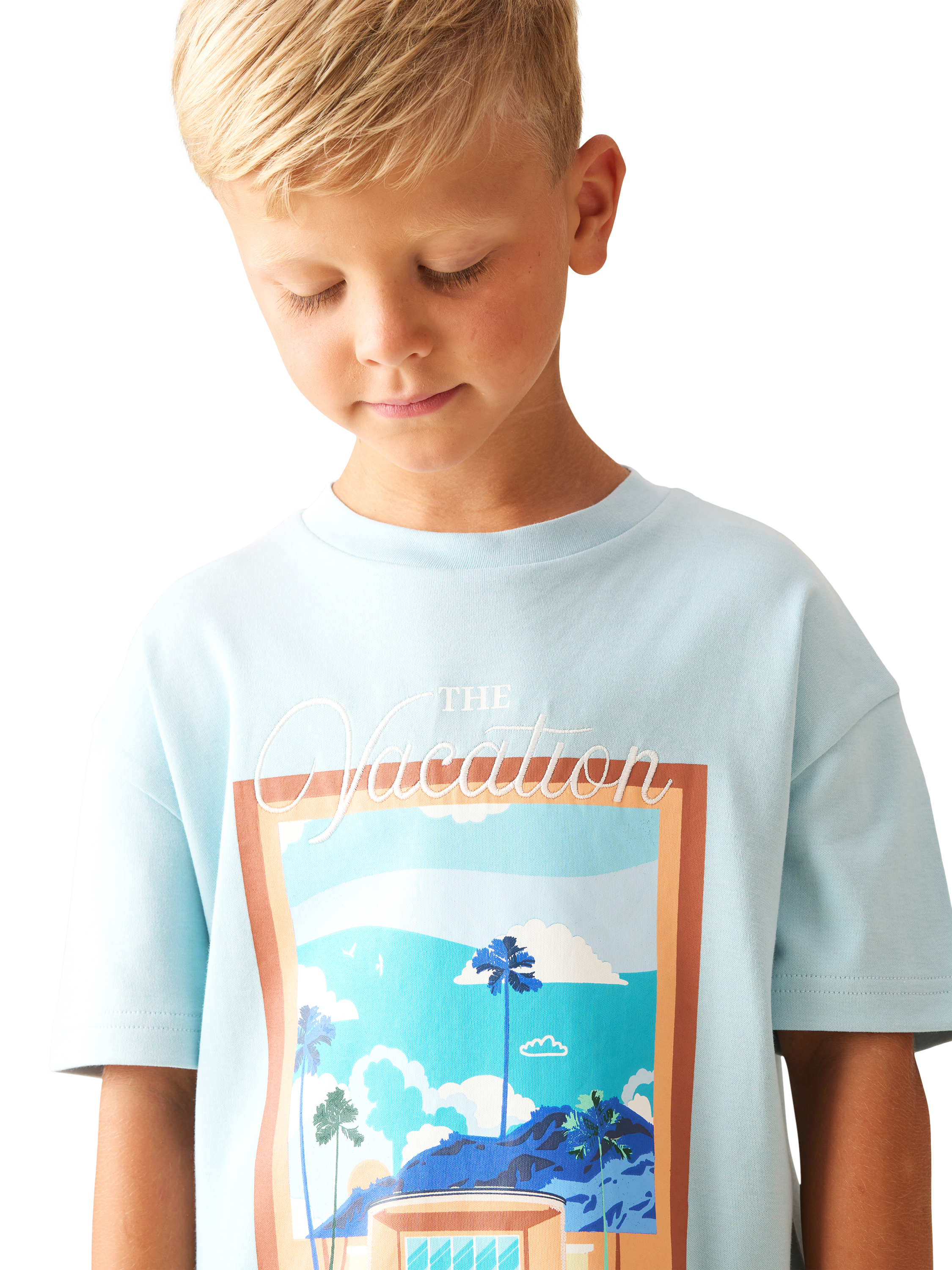Product image 3 of 8, which shows Angel & Rocket Kids' Postcard Scene T-Shirt, Blue, 3-4 years