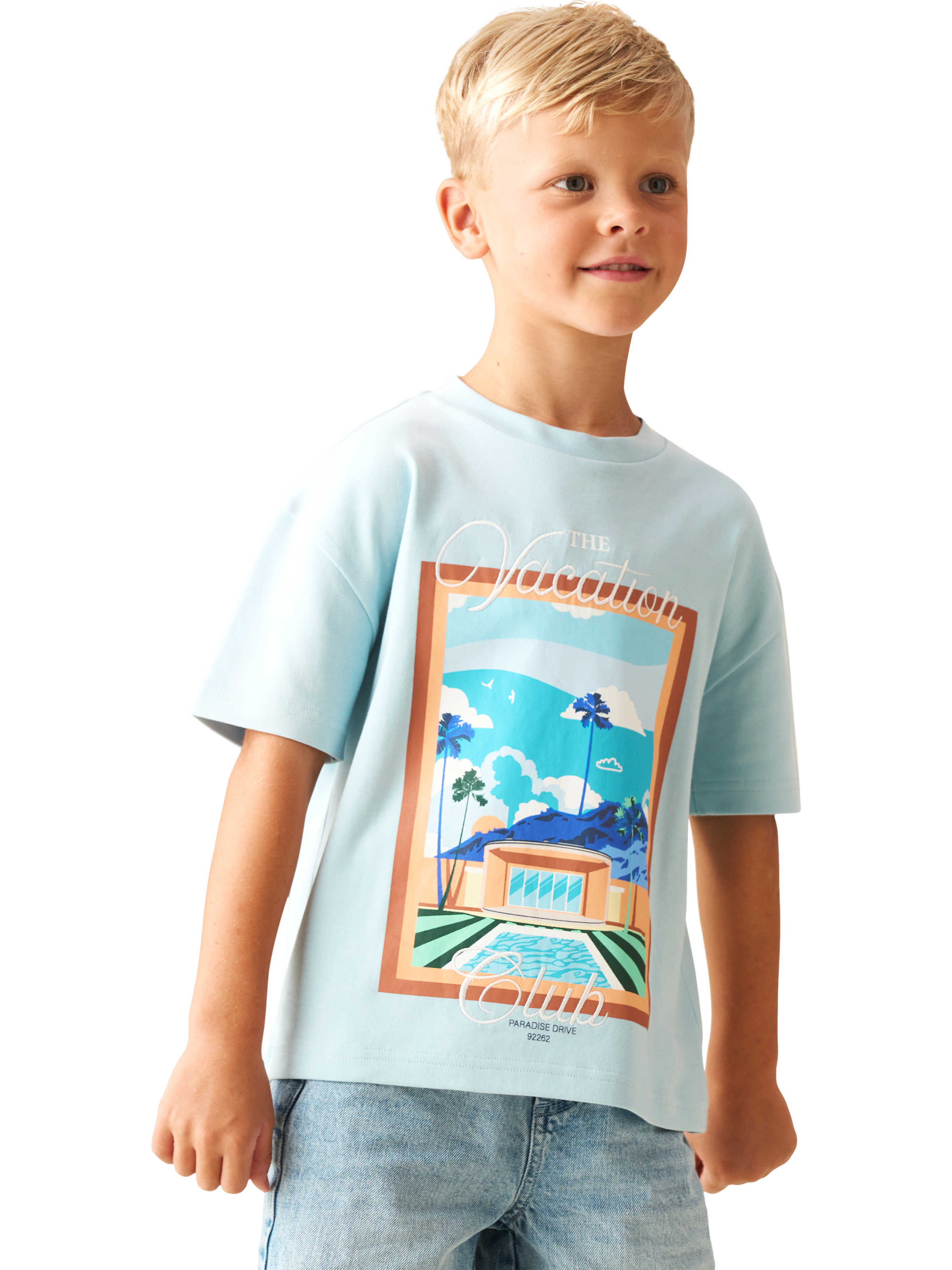 Product image 5 of 8, which shows Angel & Rocket Kids' Postcard Scene T-Shirt, Blue, 3-4 years