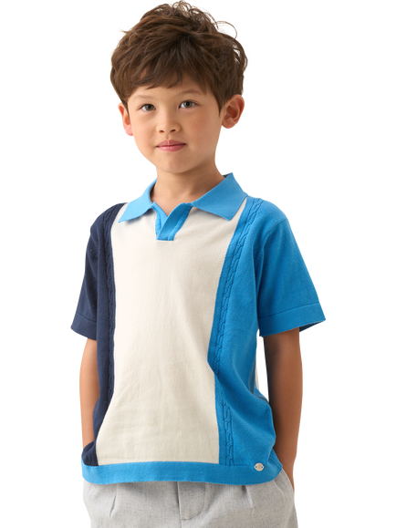 Angel & Rocket Kids' Cotton Knit Colour Block Polo Shirt, Blue, Blue