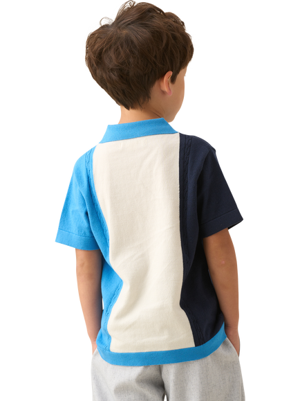 Angel & Rocket Kids' Cotton Knit Colour Block Polo Shirt, Blue - view 2, Blue