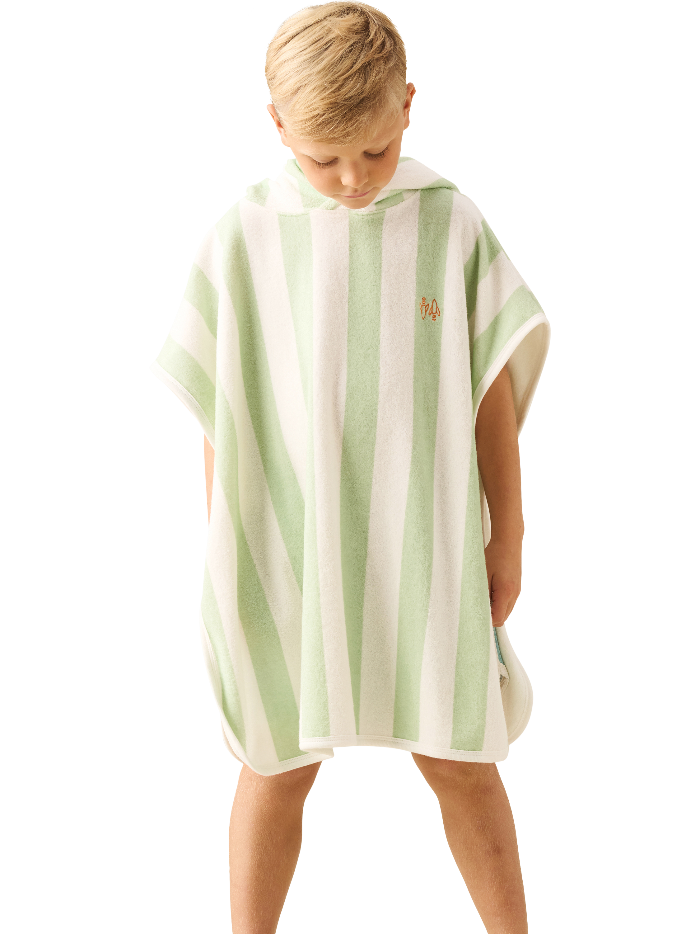 Product image 1 of 7, which shows Angel & Rocket Kids' Striped Towelling Poncho, Green, 3-5 years