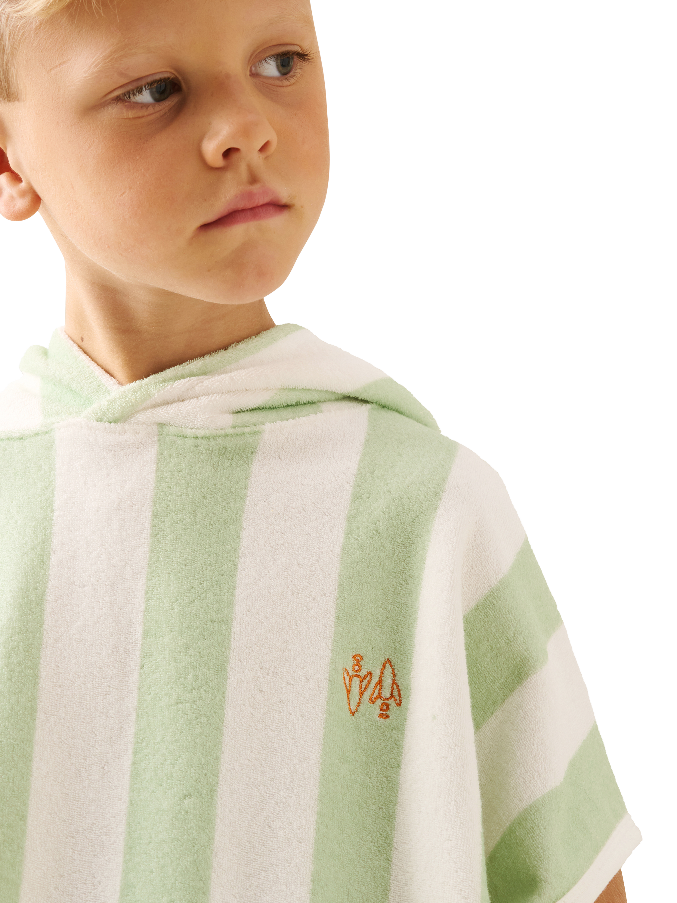 Product image 2 of 7, which shows Angel & Rocket Kids' Striped Towelling Poncho, Green, 3-5 years