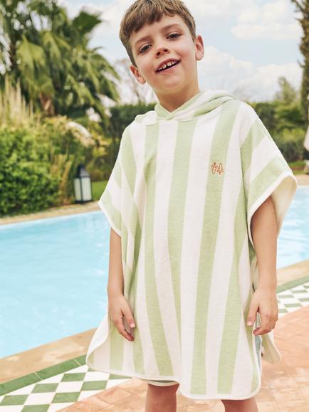 Angel & Rocket Kids' Striped Towelling Poncho, Green - view 2, Green
