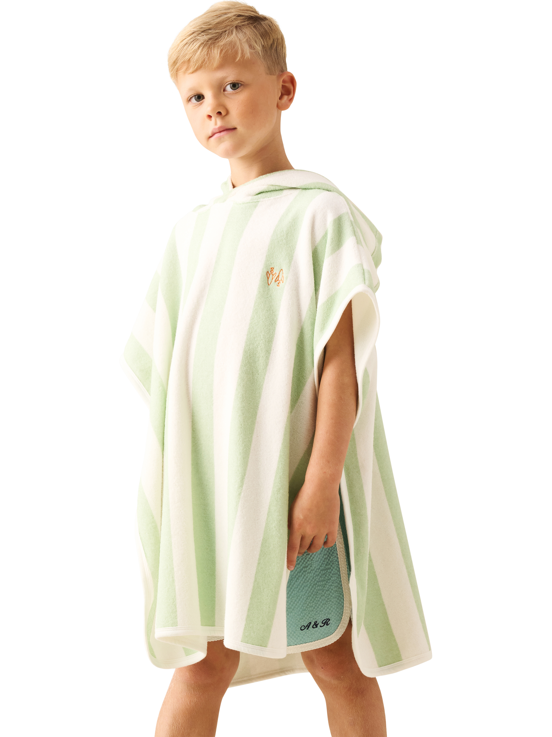 Product image 4 of 7, which shows Angel & Rocket Kids' Striped Towelling Poncho, Green, 3-5 years