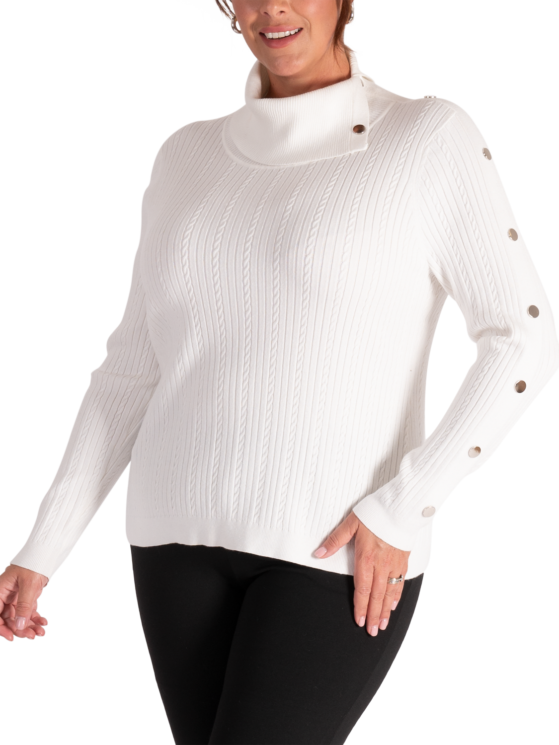 Product image 3 of 6, which shows chesca Split Cowl Neck Button Sleeve Jumper, White, 14