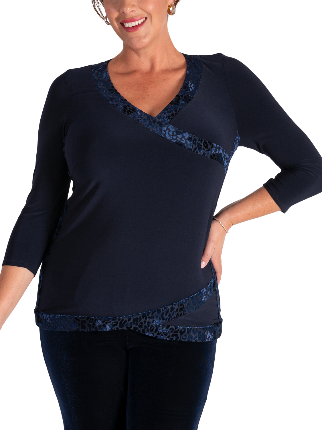 Product image 1 of 6, which shows chesca Leopard Print Trim Jersey Top, Navy, 16-18