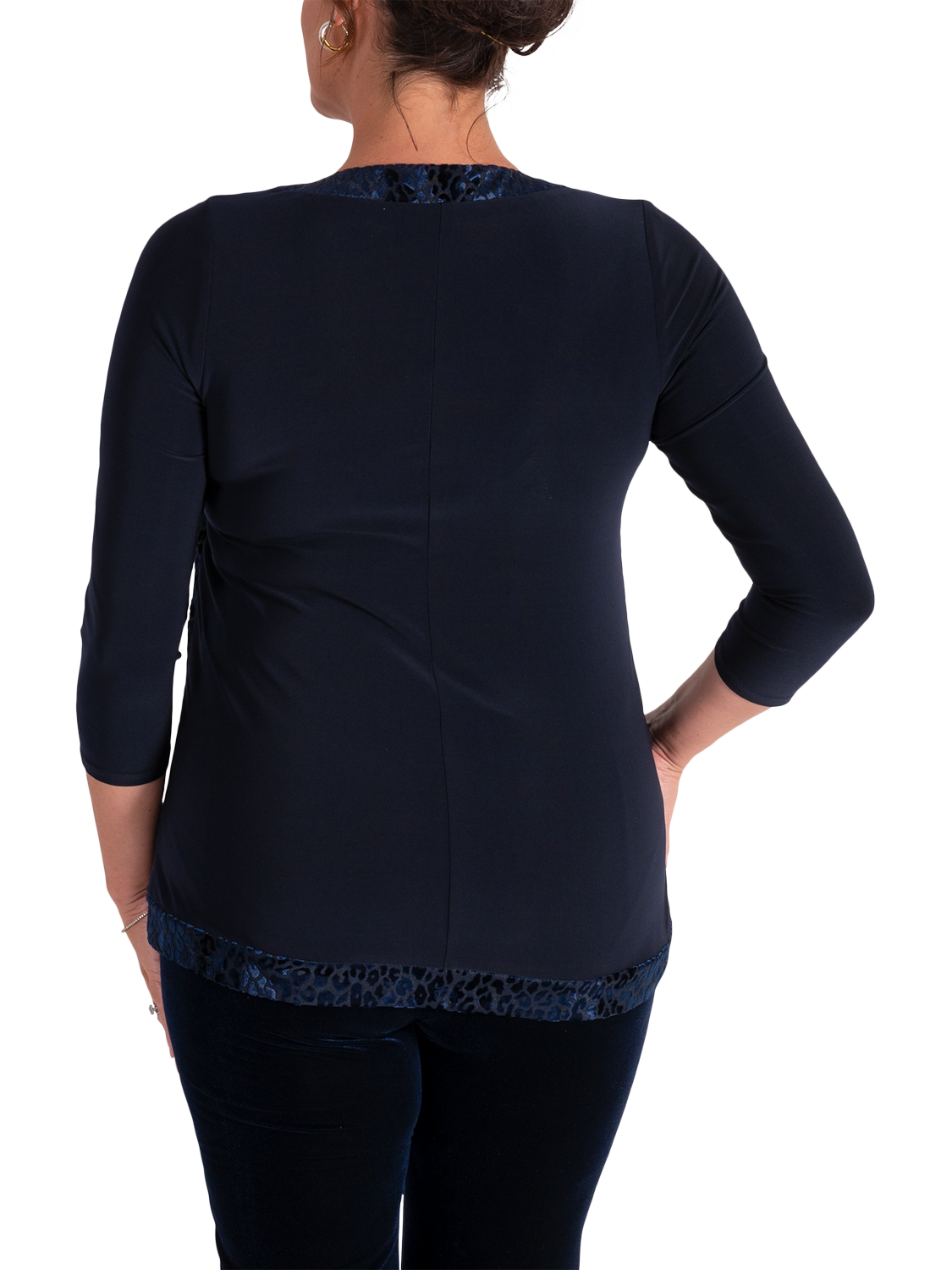 Product image 2 of 6, which shows chesca Leopard Print Trim Jersey Top, Navy, 16-18