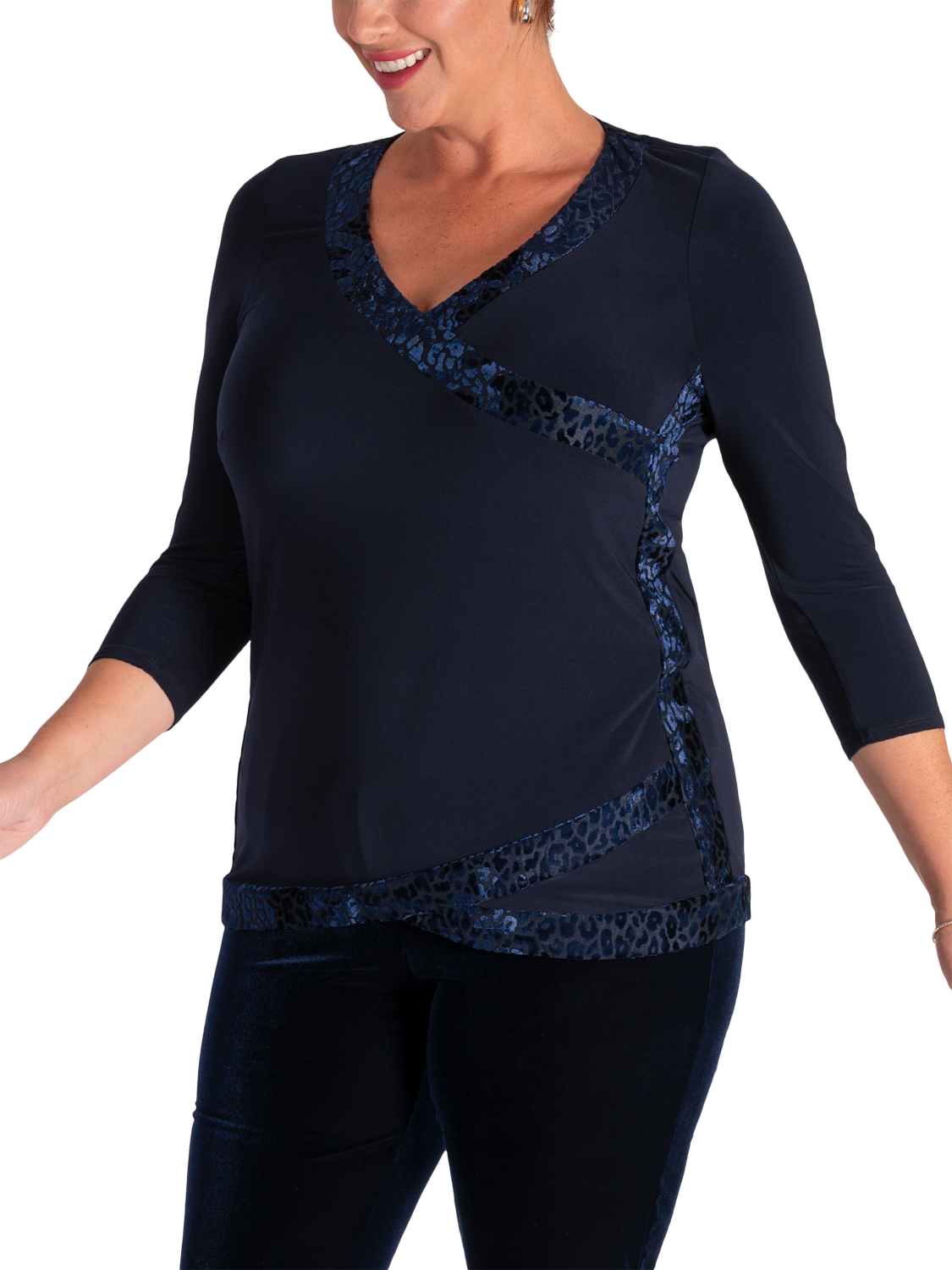 Product image 3 of 6, which shows chesca Leopard Print Trim Jersey Top, Navy, 16-18