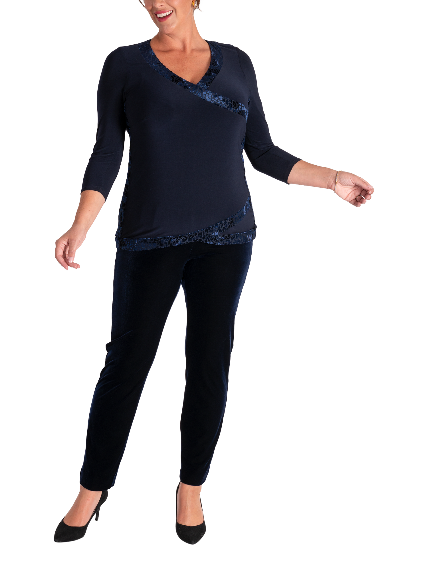 Product image 5 of 6, which shows chesca Leopard Print Trim Jersey Top, Navy, 16-18