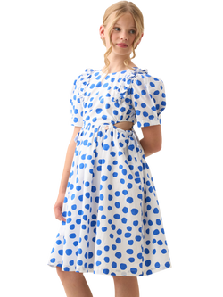 Angel & Rocket Kids' Cotton Spot Puff Sleeve Dress, Blue, Blue