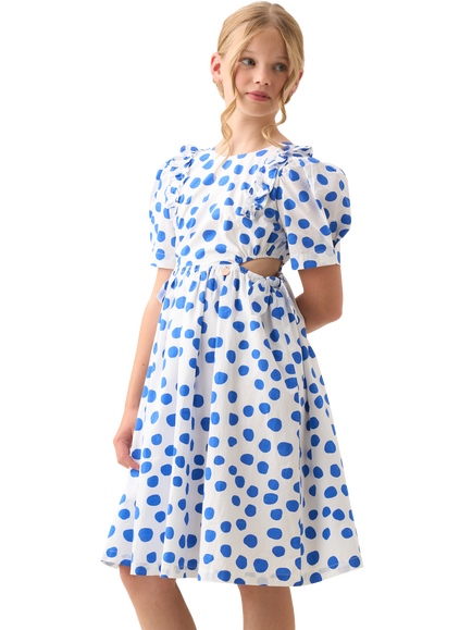 Angel & Rocket Kids' Cotton Spot Puff Sleeve Dress, Blue, Blue