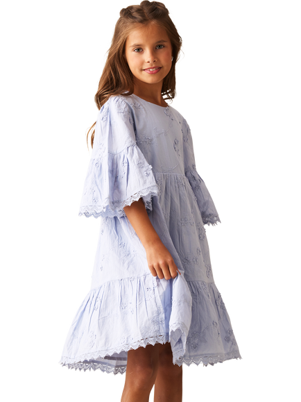 Angel & Rocket Kids' Cotton Angel Sleeve 3D Flower Dress, Blue - view 2, Blue