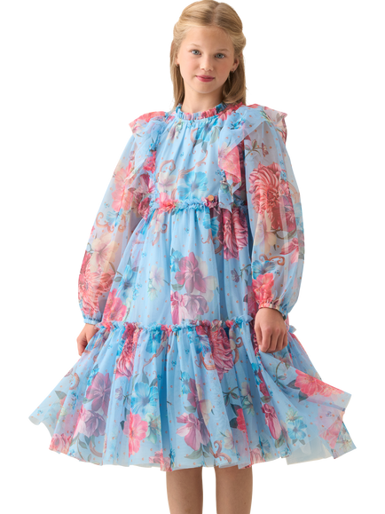 Angel & Rocket Kids' Floral Mesh Dress, Blue, Blue