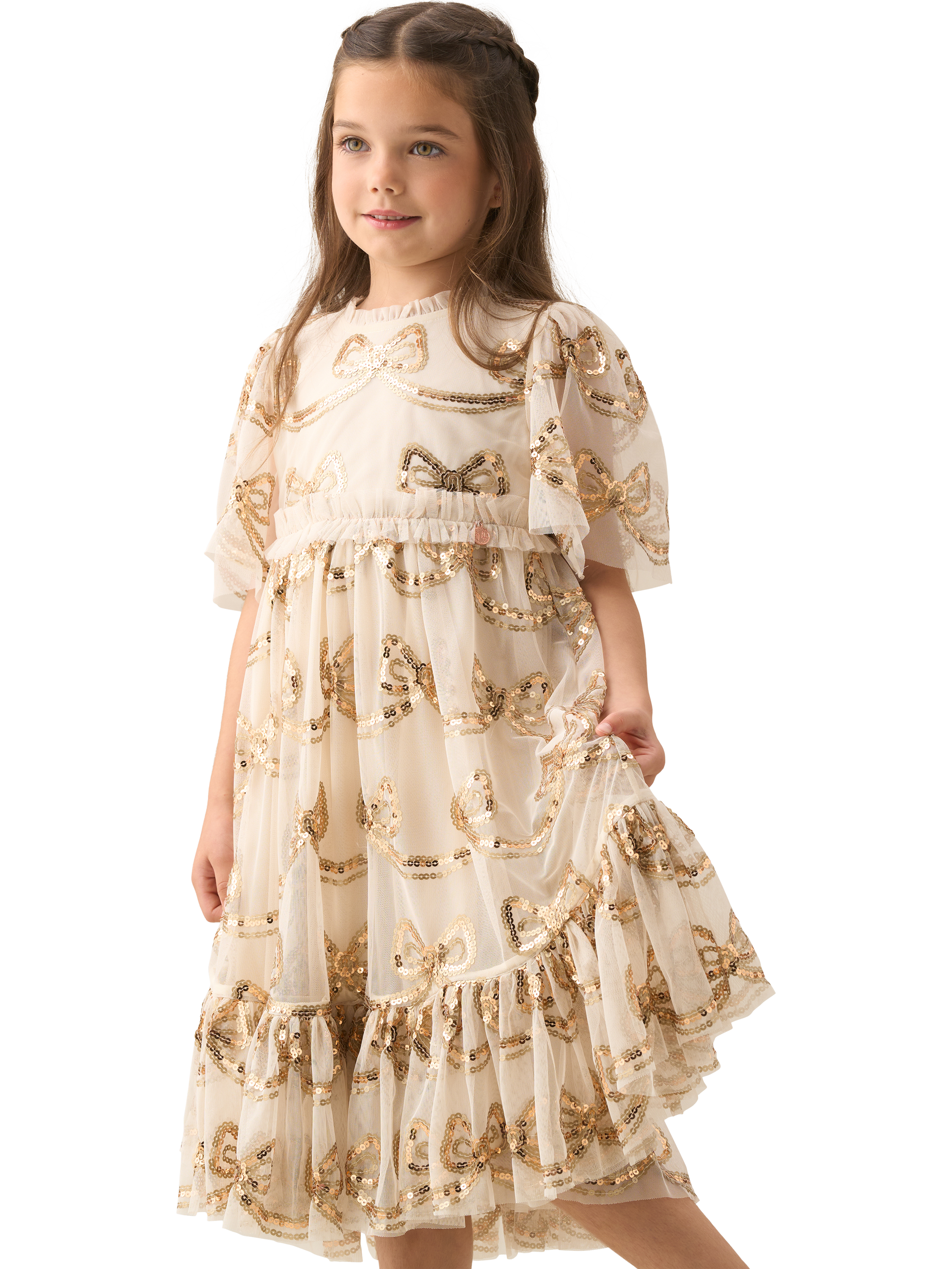 Product image 1 of 7, which shows Angel & Rocket Kids' Sequin Bow Dress, Natural, 2 years