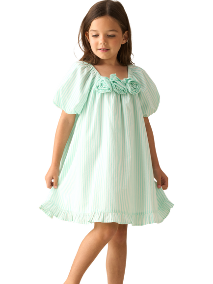 Angel & Rocket Kids' Cotton Corsage Stripe Dress, Green - view 2, Green