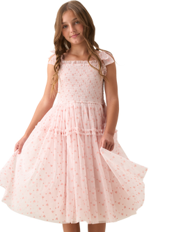 Angel & Rocket Kids' Sleeveless Shirred Bodice Mesh Dress, Pink, Pink