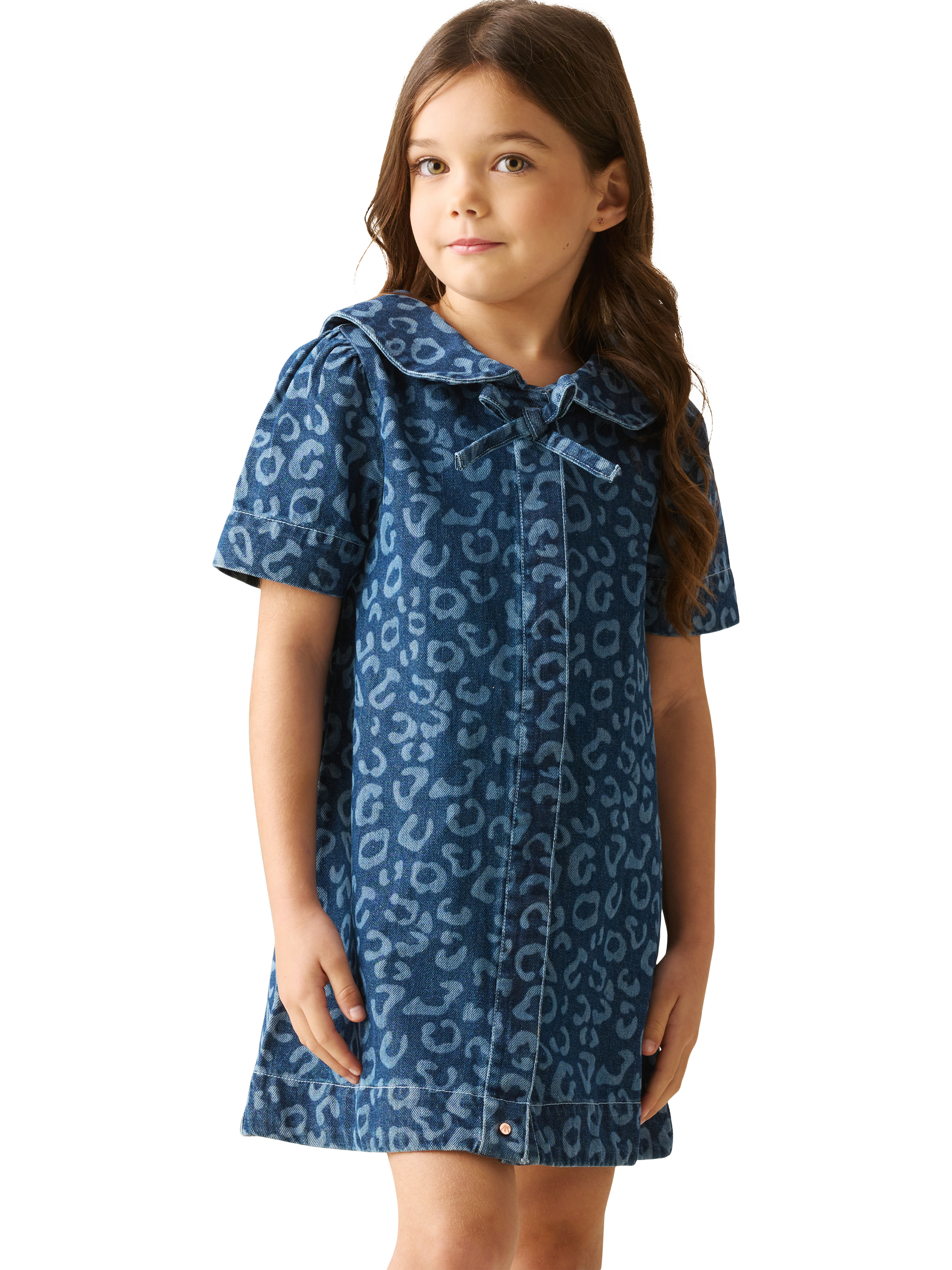 Product image 1 of 8, which shows Angel & Rocket Kids' Leopard Print Denim Dress, Blue, 3 years