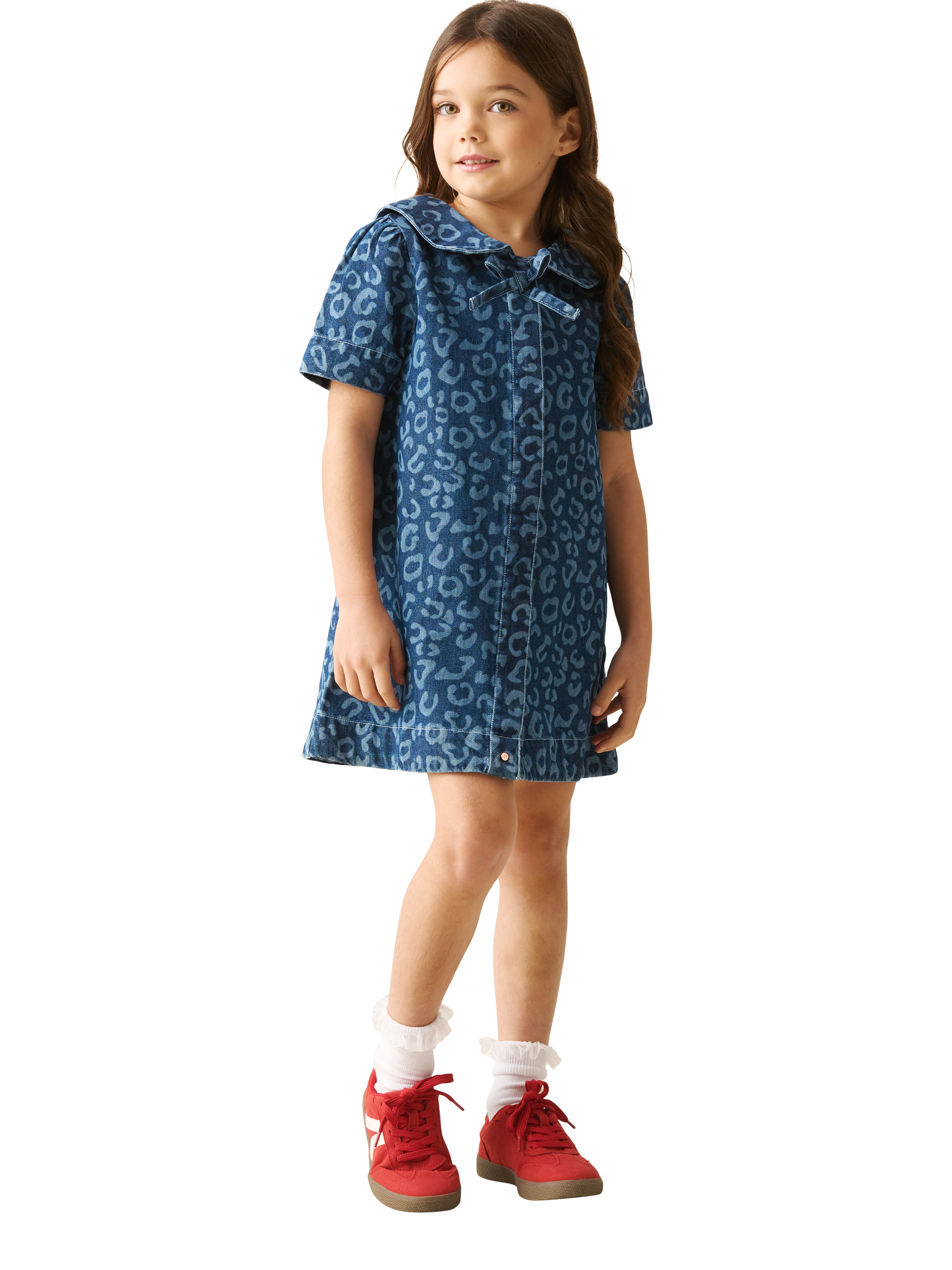 Product image 2 of 8, which shows Angel & Rocket Kids' Leopard Print Denim Dress, Blue, 3 years