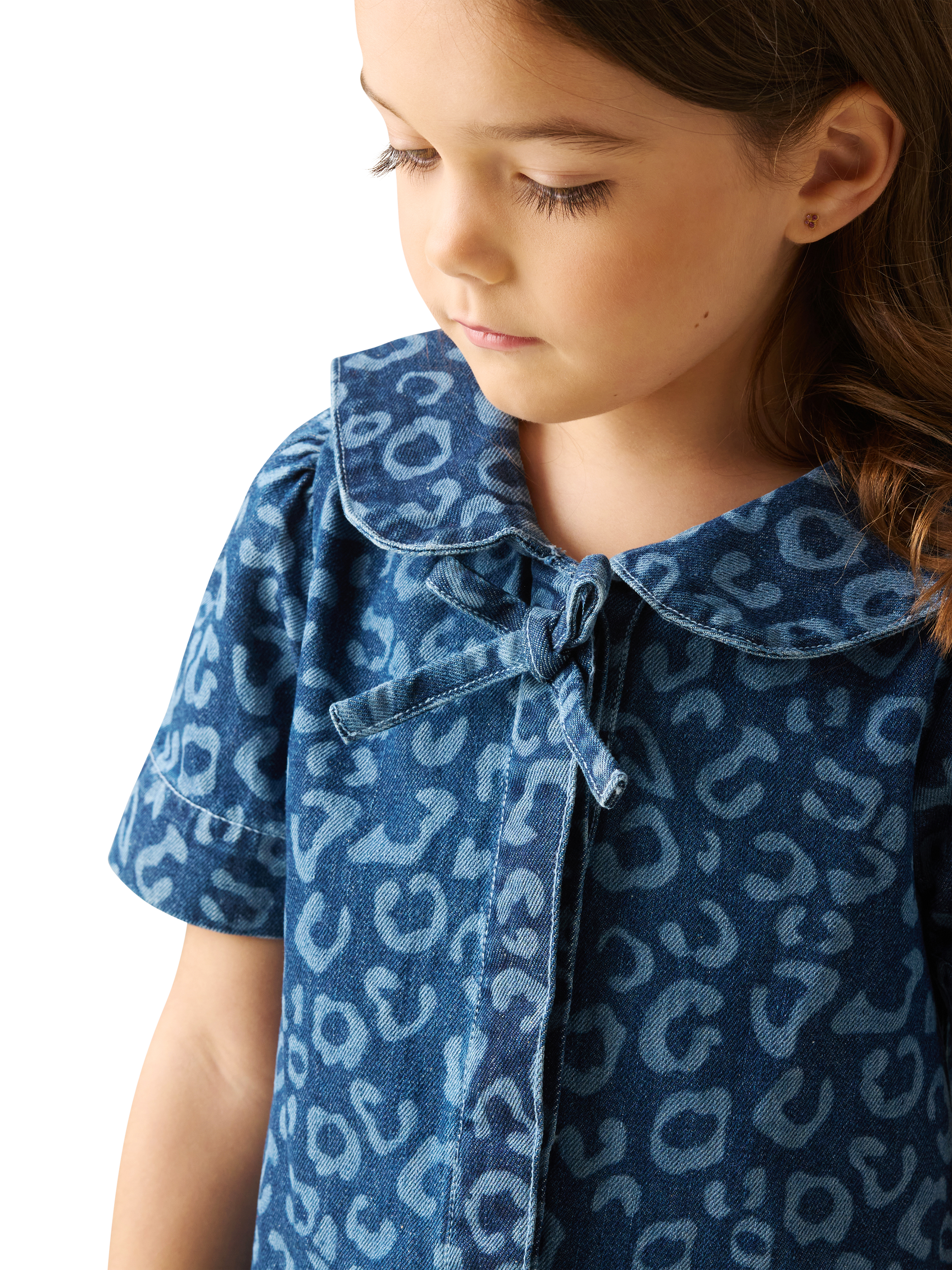 Product image 3 of 8, which shows Angel & Rocket Kids' Leopard Print Denim Dress, Blue, 3 years
