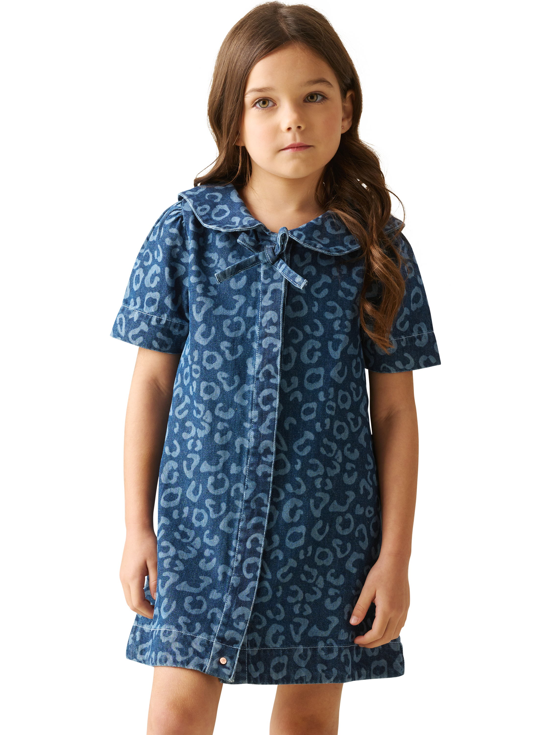 Product image 5 of 8, which shows Angel & Rocket Kids' Leopard Print Denim Dress, Blue, 3 years