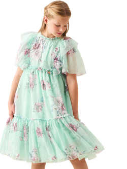 Angel & Rocket Kids' Short Sleeved Floral Mesh Dress, Green, Green