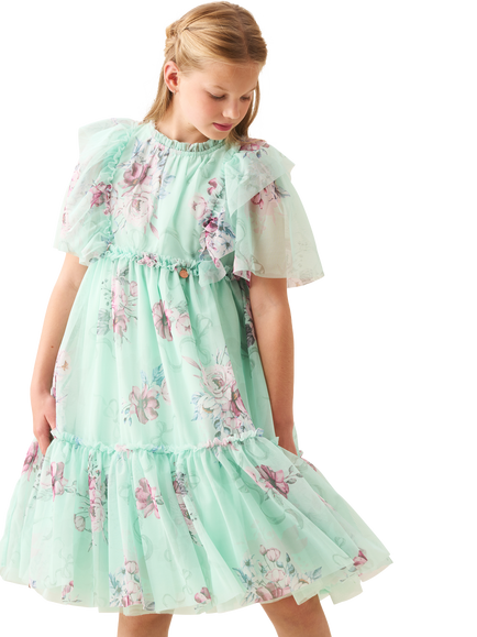 Angel & Rocket Kids' Short Sleeved Floral Mesh Dress, Green, Green