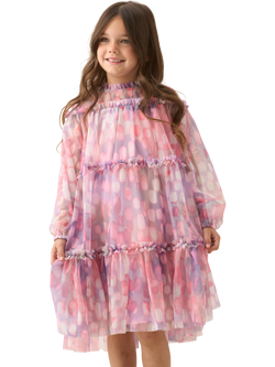 Angel & Rocket Kids' Abstract Long Sleeved Mesh Swing Dress, Pink, Pink