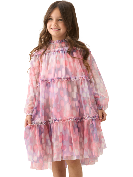 Angel & Rocket Kids' Abstract Long Sleeved Mesh Swing Dress, Pink, Pink