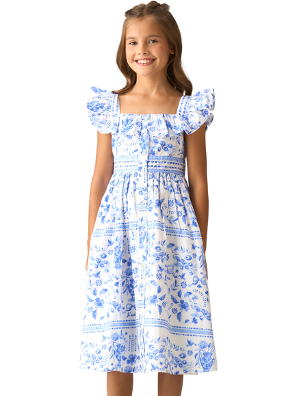 Angel & Rocket Kids' Pure Cotton Ruffle Sleeve Printed Dress, Blue, Blue