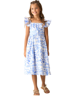 Angel & Rocket Kids' Pure Cotton Ruffle Sleeve Printed Dress, Blue - view 2, Blue