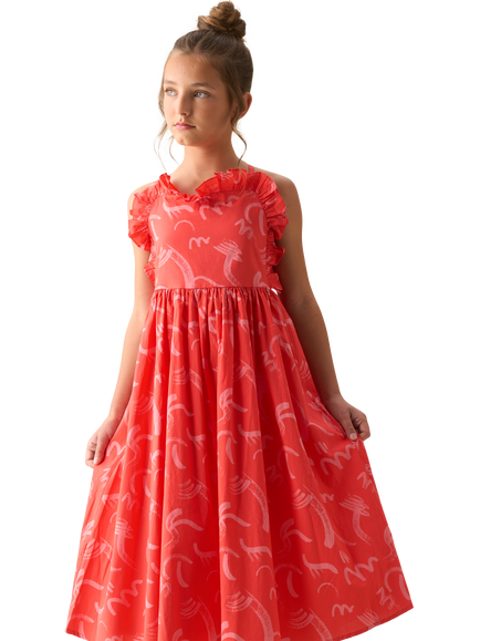 Angel & Rocket Kids' Cotton Printed Sleeveless Ruffle Dress, Red - view 2, Red