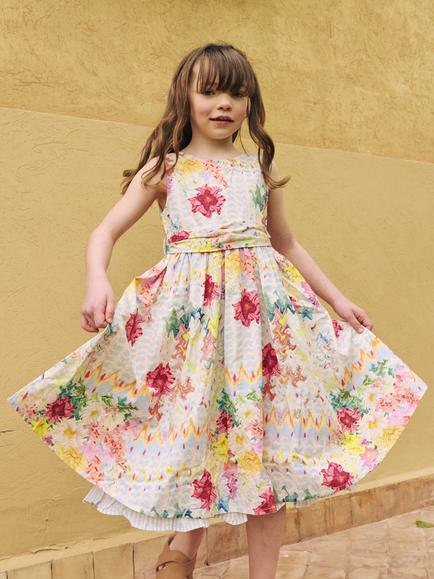 Angel & Rocket Kids' Cotton Sleeveless Floral Print Dress, Yellow - view 2, Cream