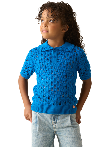 Angel & Rocket Kids' Cotton Frill Collar Crochet Top, Blue, Blue