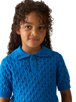 Angel & Rocket Kids' Cotton Frill Collar Crochet Top, Blue - view 2, Blue