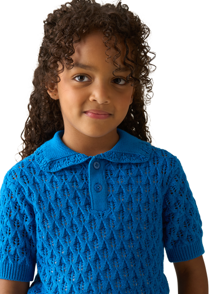 Angel & Rocket Kids' Cotton Frill Collar Crochet Top, Blue - view 2, Blue