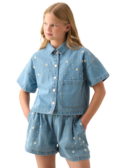Angel & Rocket Kids' Boxy Embroidered Denim Shirt, Blue, Blue