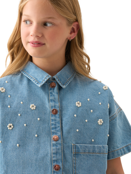 Angel & Rocket Kids' Boxy Embroidered Denim Shirt, Blue - view 2, Blue