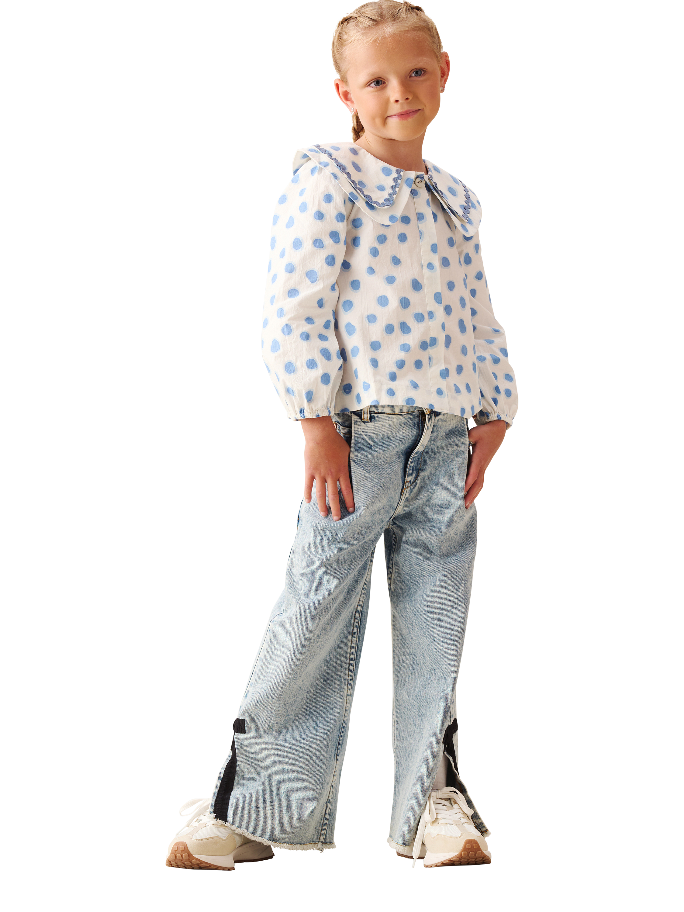Product image 2 of 7, which shows Angel & Rocket Kids' Leonie Double Collar Spot Top, Blue, 2 years