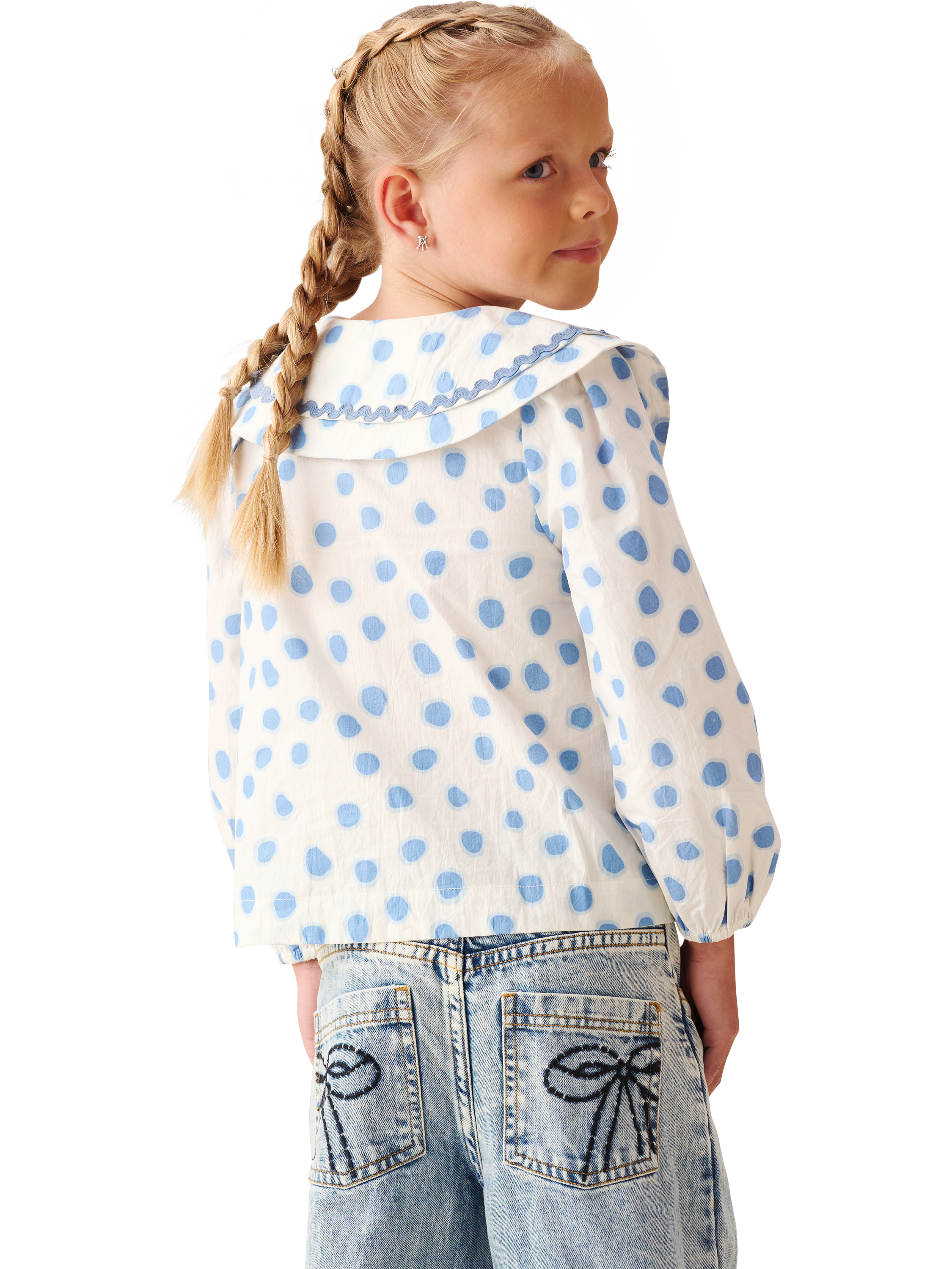 Product image 3 of 7, which shows Angel & Rocket Kids' Leonie Double Collar Spot Top, Blue, 2 years