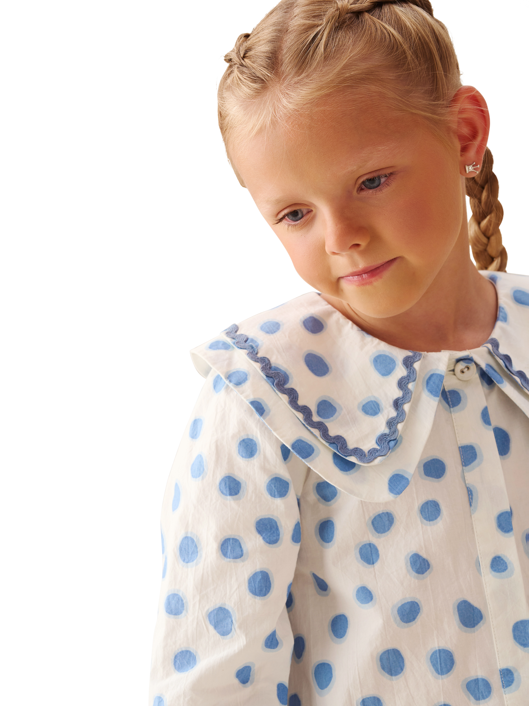 Product image 4 of 7, which shows Angel & Rocket Kids' Leonie Double Collar Spot Top, Blue, 2 years
