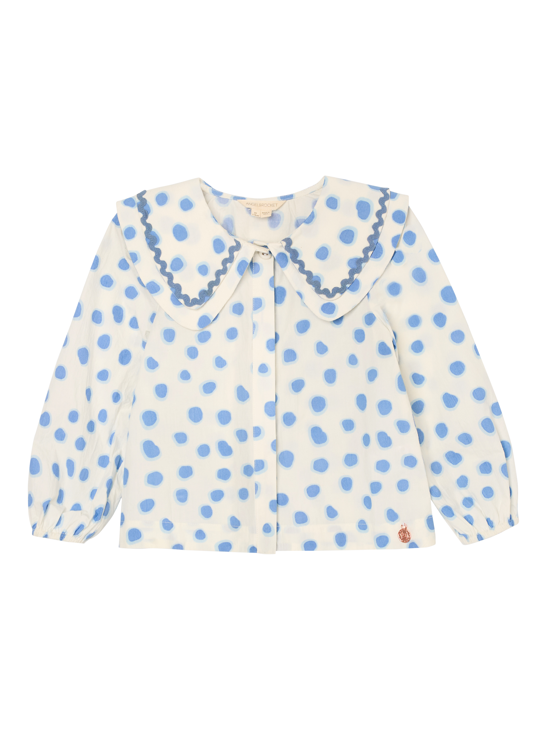 Product image 5 of 7, which shows Angel & Rocket Kids' Leonie Double Collar Spot Top, Blue, 2 years